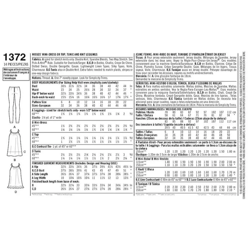 Simplicity Sewing‎ Pattern 1372 Cynthia Rowley Dress Top Tunic Leggings 6-14